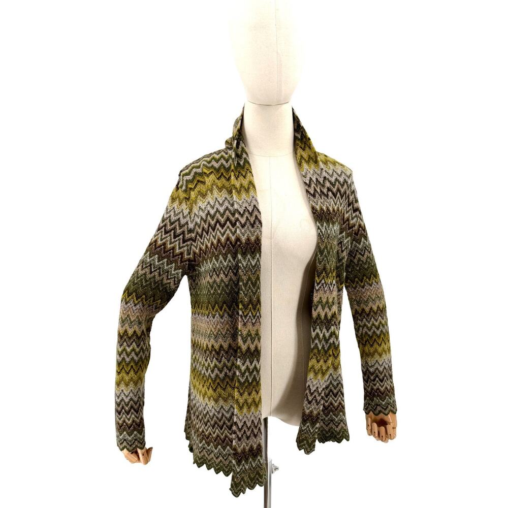 Vintage 90s Beyond Threads Green Brown Chevron Zigzag Shawl Collar Cardigan